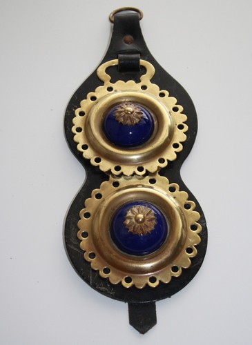 Victorian Ceramic Horse Brass On Leather Mount.