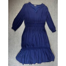 A Loves A Dress Womens Large Navy Blue Smocked Long Sleeve Waist Ruffle Hem Midi