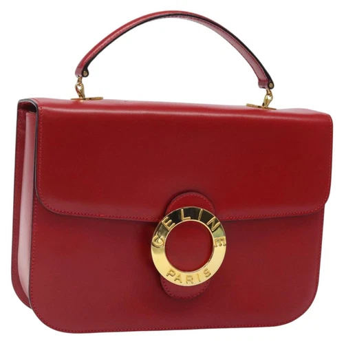 CELINE Circle Hand Bag Leather Red Gold Auth sw574