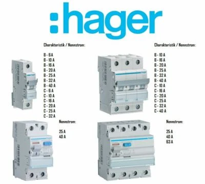 Hager FI LS Schalter Fehlerstromschalter Leitungsschutzschalter 1/3P MBN MCN CDC