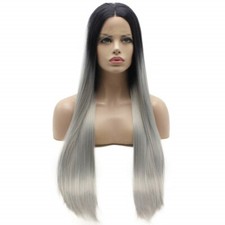 Long Straight Black Root Grey Ombre Wigs Half Hand Tied Heat Friendly Lace Front