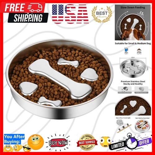 Interactive 2 Cup Slow Feeder Dog Bowl - Durable Easy-to-Clean Stainless Steel