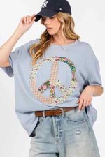 SAGE FIG PEACE SIGN FLORAL APPLIQUE TOP DUSTY BLUE SIZE MEDIUM ST7304B-CUTE