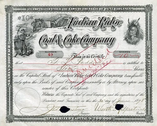 1898 Indian Ridge Coal & Coke Co Stock Certificate