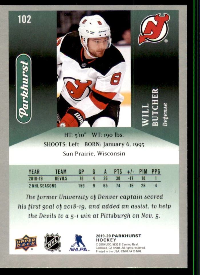 2019-20 Parkhurst Silver #102 Will Butcher New Jersey Devils - Image 2 of 2