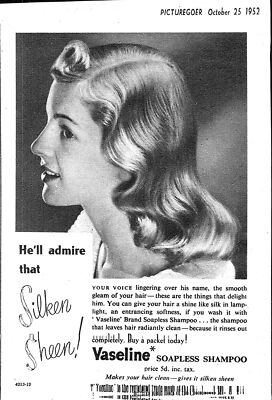 1952 Werbung für ''VASELINE'' seifenlose Haarshampoos (5) kleine Toilettenartikel Druckanzeige