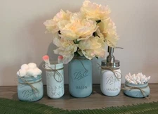 BEAUTIFUL 5 PIECE RUSTIC DISTRESSED MASON JAR BATHROOM SET
