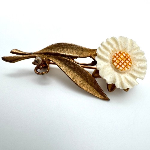 Gänseblümchen Blume 2er Set goldfarbene Brosche Anstecknadel weiß Emaille Akzente Vintage - Bild 7 von 8