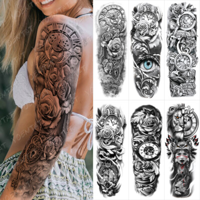 6pcs Large Arm Sleeve Waterproof Tattoo Sticker Women Men Rose Flower Clock Gear Ebay