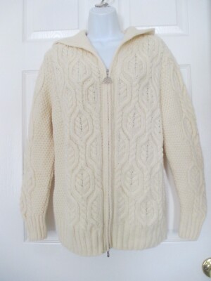 Saol Wool Zip Cardigan Sweater Size L Ireland Ivory Hooded NWT
