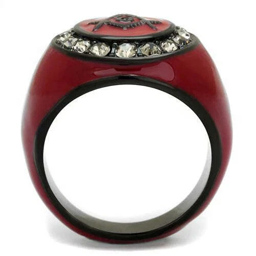 Anillo masónico rojo para hombre - acero inoxidable con baño de rutenio y acento de cristal Foto 3 de 4