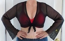 DANCE BOLERO SHRUG BLACK  FISHNET STRETCH MESH FLARE SLEEVE TIE TOP MADE IN USA