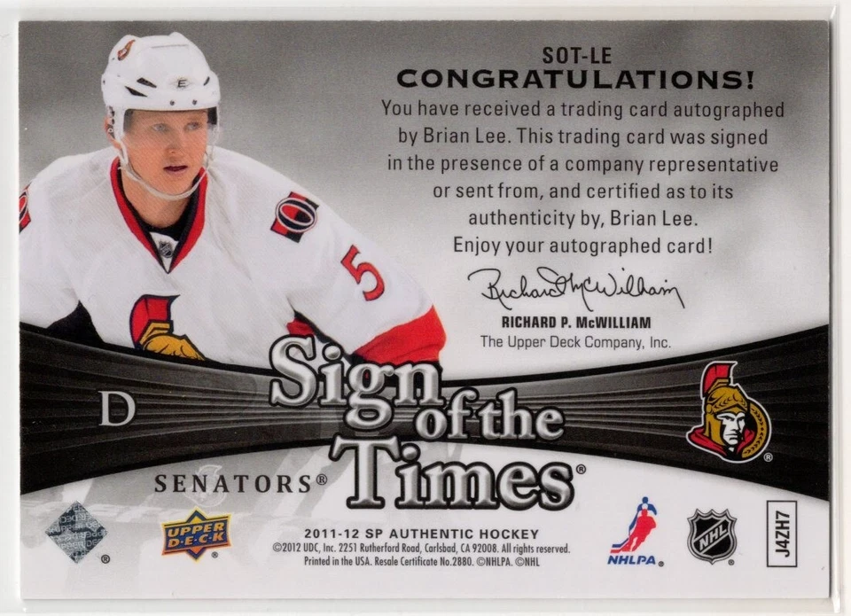 2011 2011-12 SP Authentic Sign of the Times #SOTLE Brian Lee Ottawa Senators - Image 2 of 2