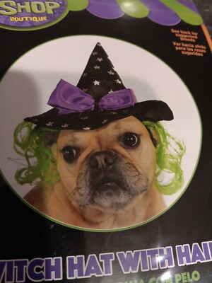 Rubies Pet shop Dog Witch Hat Black With Silver Stars + green Hair M/L  new