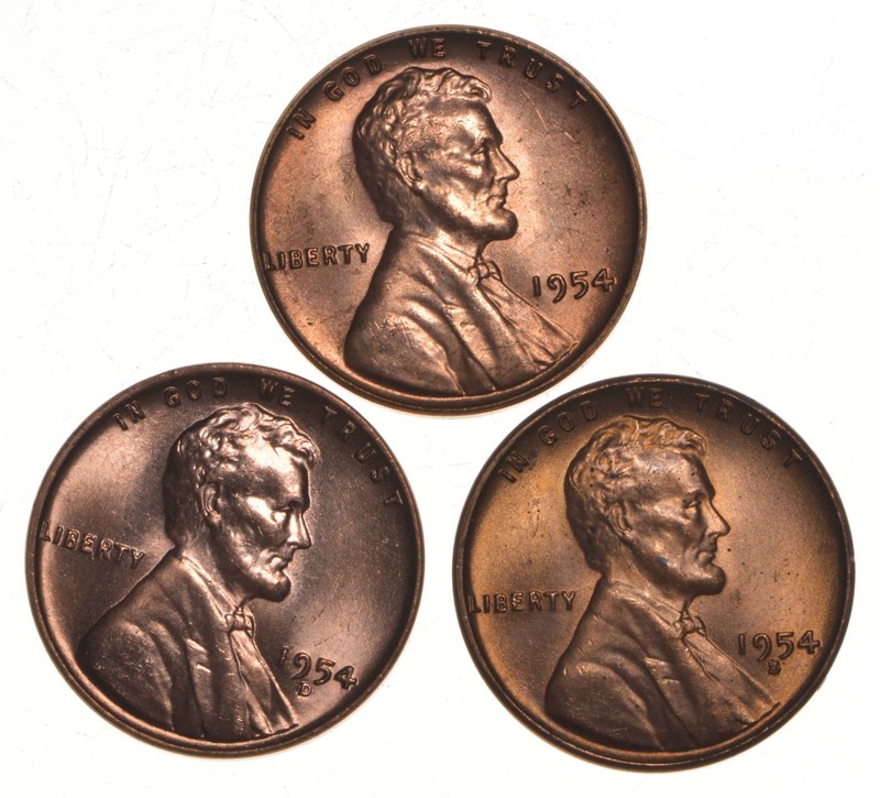 Choice Unc 1954 P+D+S Lincoln Wheat Cent Gem BU Collection Lot Set *1986