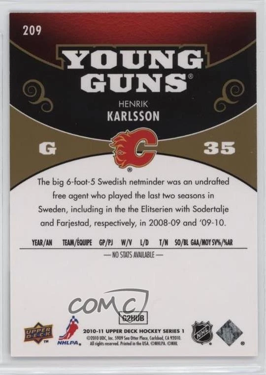 2010-11 Upper Deck Young Guns UD Exclusives /100 Henrik Karlsson #209 Rookie RC - Image 2 of 2