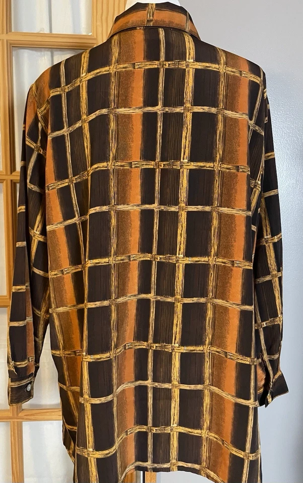 Camisa de satén a cuadros CCC años 80 20 W abotonada beige naranja manga larga carrera hecha en EE. UU. Foto 4 de 4