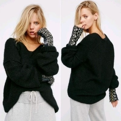 Free People All Mine Alpaca Blend Knit Oversized Sweater V Neck Fuzzy Cozy  XS