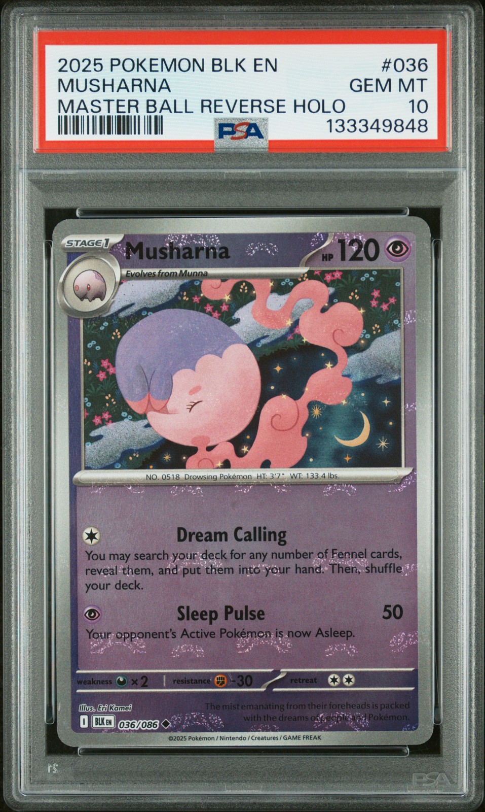2025 POKEMON BLK EN-BLACK BOLT MASTER BALL REVERSE HOLO #036 MUSHARNA PSA 10
