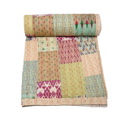 Marubhumi Indian Handmade Quilt Indian Silk Sari Kantha Quilted Patchwork Beige