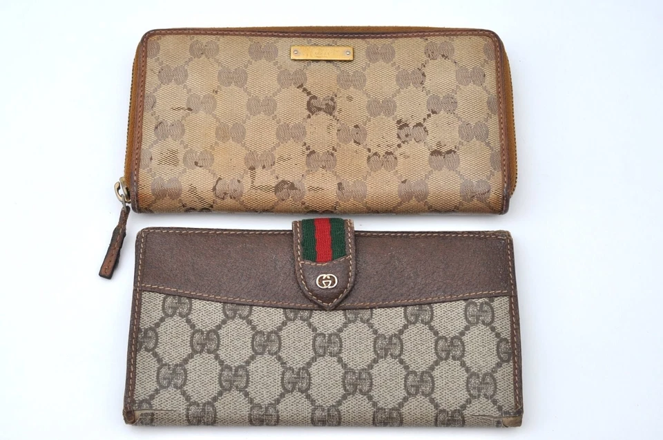 Auténtico GUCCI Vintage Cartera Larga Doble Cartera Lona PVC Marrón 5 Set L2829 Foto 2 de 4