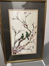 Vintage Japanese Watercolor On Silk  Painting Birds On Cherry Blossoms