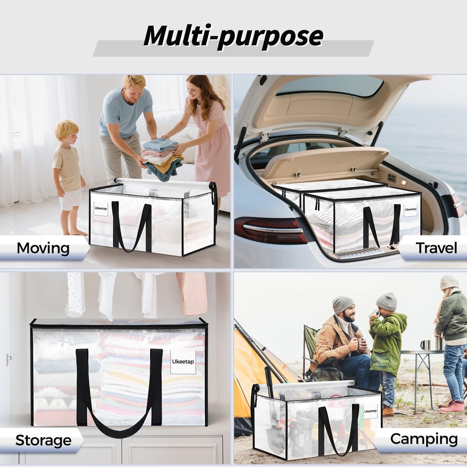 8 Pack Extra Large Heavy Duty Moving Bags, Clear Storage Bins with Lids, Rein...