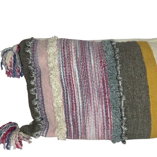 Mixed Textile Lumbar Pillow Tassels Feather Insert 22 x 14 Boho Multicolor K+K - Picture 2 of 10