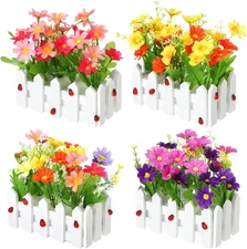 Jexine Artificial Flower Potted in Picket Fence Mixed Daisies (6.3", 24 PCS)