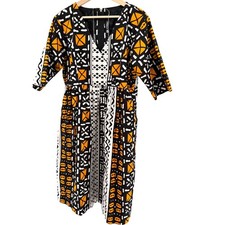 Vintage 90s Hitarget Black Orange Yellow 100% Cotton Batik A Line Dress