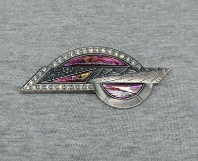 Vtg Duri 1980s Abalone Crystal Art Deco Brooch Pin Signed 3.1''