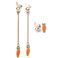 2prs Earrings Pink Lovely Bunny Cute Rabbit Orange Carrot Pearl Long Drop Dangle