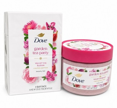 DOVE -  Beauty Garden Tea Party Body Scrub (Velvet Fig Bloom) & 4 Bar Pack, New