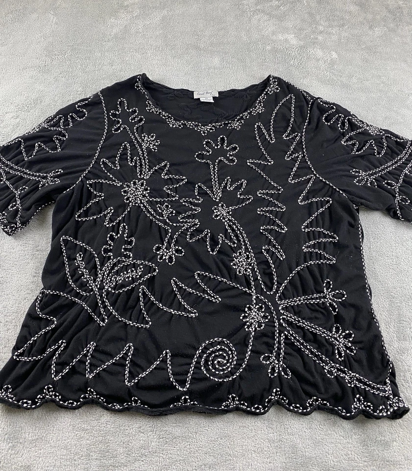 Blusa para mujer Coral Bay Plus 2XL negra blanca bordada dobladillo asimétrico C26 Foto 2 de 4