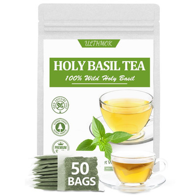Premium 50 Holy Basil Tea Bags, Made with 100% Natural Tulsi Wild Holy Basil Lea