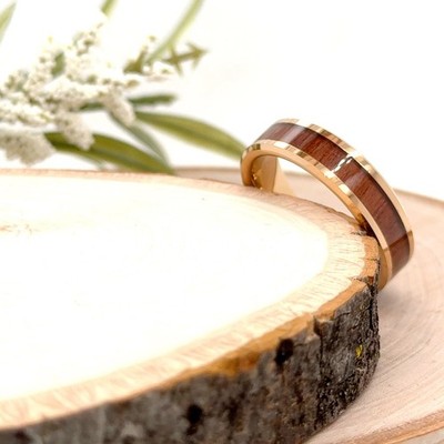 6mm Rose Gold Tungsten Christmas Gift Her Ring Rosewood Inlay Polished Edge Band