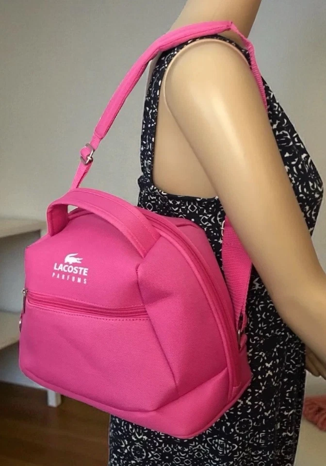 Lacoste Parfums Medium Canvas Bucket Cometic Bag Adjustable Strap Bright Pink - Image 2 of 4