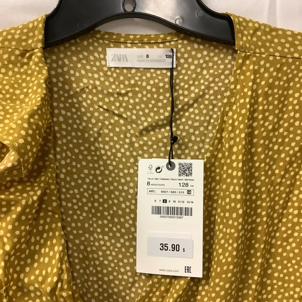 Vestido Zara Niñas Verde Oliva Lunares Mangas Cortas Cuello en V Volantes Envolvente Talla 8 Foto 3 de 4