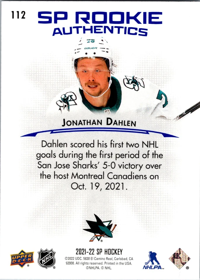 2021-22 SP Authentic Jonathan Dahlen #112 Rookies RC San Jose NM - Image 2 of 2