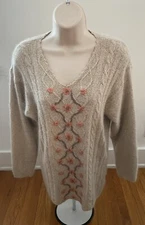 Debenhams Sweater Womens Small Beige Silk Angora Lambswool Floral Embroidered