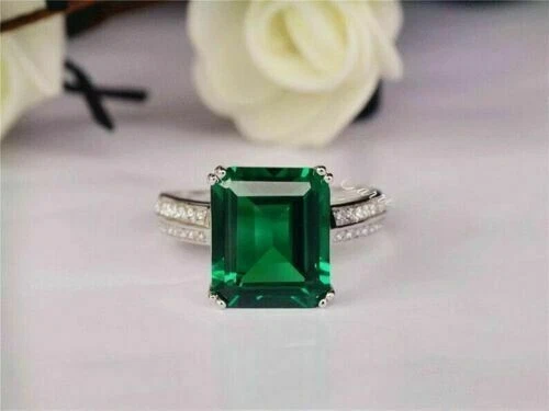 3CT Green Emerald Solitaire Wedding Ring in 14K White Gold Plated Lab Created - Image 3 of 3