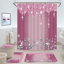 4 Pcs Glitter Diamond Shower Curtain Sets Red Shiny Drips Bath Decor with Rose