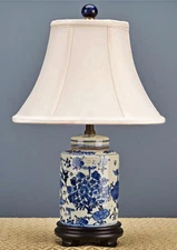 Blue, White Chinoiserie Porcelain Lamp.Tea Jar Shape.Hand Painted.With Lampshade