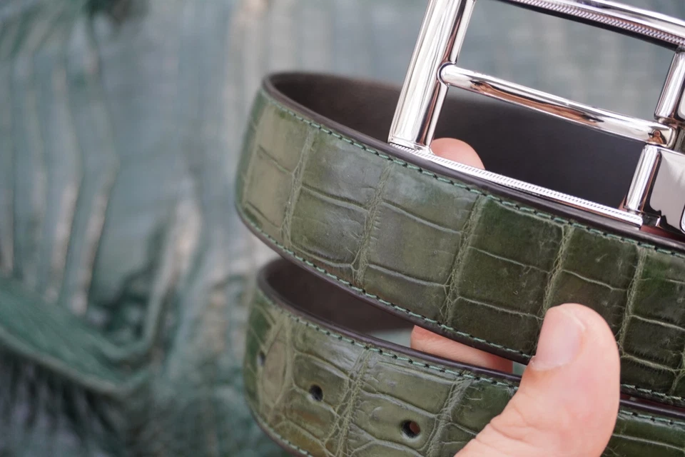 Cinturón para hombre piel de vientre de cocodrilo genuino verde - W 1,3" #T21 Foto 3 de 4