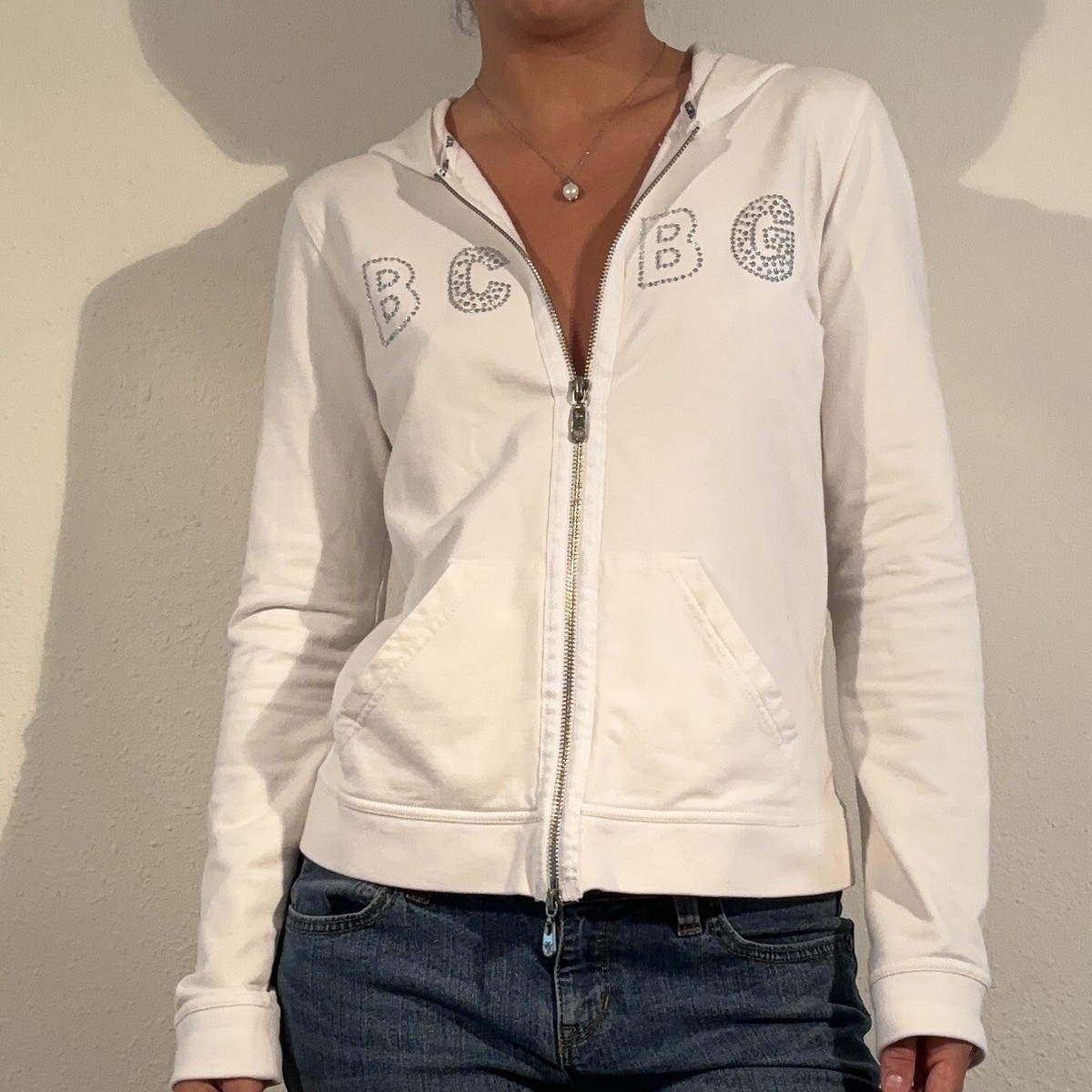 Y2k white bedazzled BCBG MAXAZRIA hoodie zip up | eBay