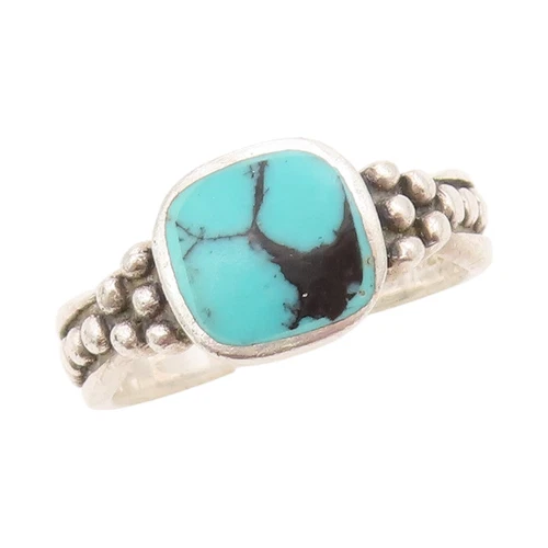 925 Sterling Silver Vintage Ring Bead Carved Square Turquoise  Sz 8  RG31733