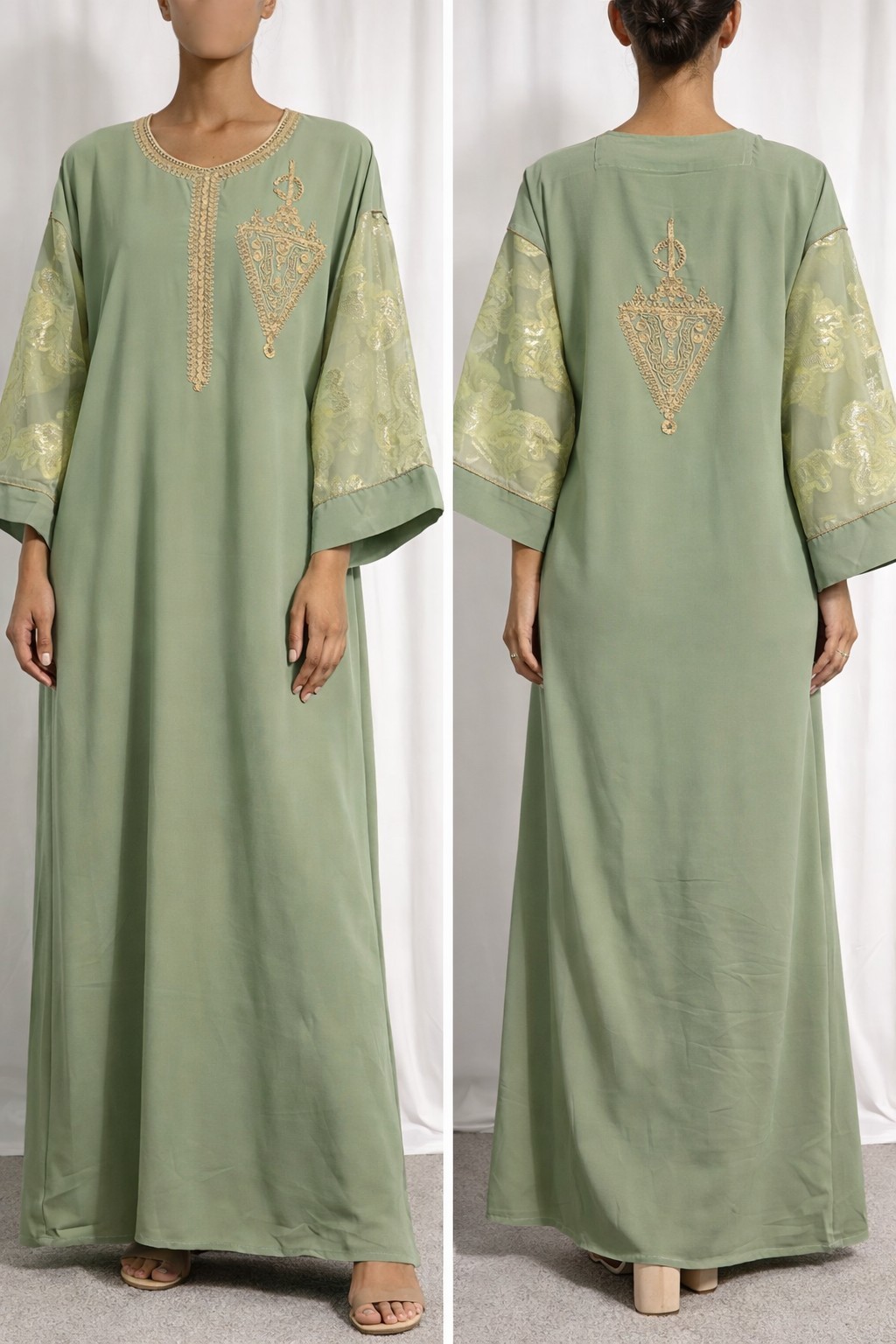 Sage Green Moroccan Caftan XL Gold Embroidered Formal Eid Wedding Maxi Dress