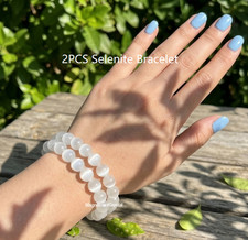2PCS Genuine Selenite Bracelet 8mm Round Beads Crystal Healing Spiritual Jewelry