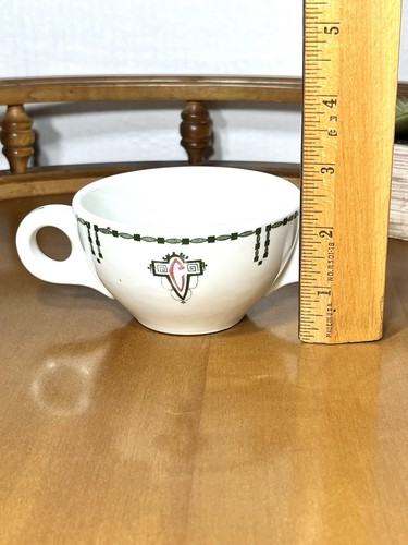 Vintage 1920s Double Handle Restaurant Ware Green Geometric Red “C” - Picture 5 of 8