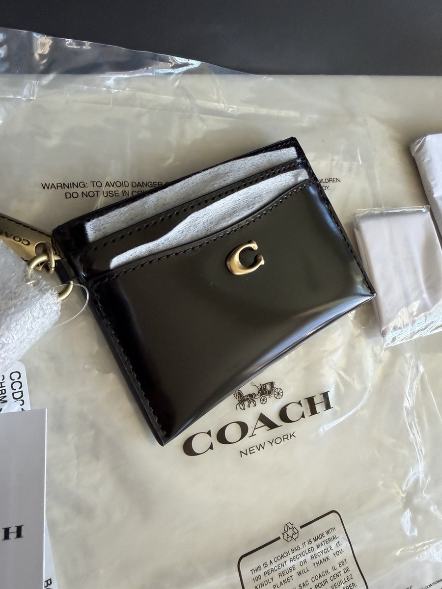 NWT COACH BLACK SPAZZOLATO LEATHER CARD CASE WITH REXY/CHERRY